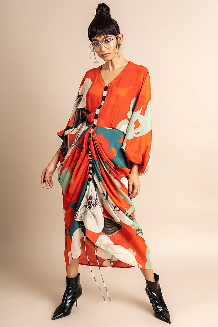 Tangerine Crepe Digital Printed Kite Dress by Nupur Kanoi