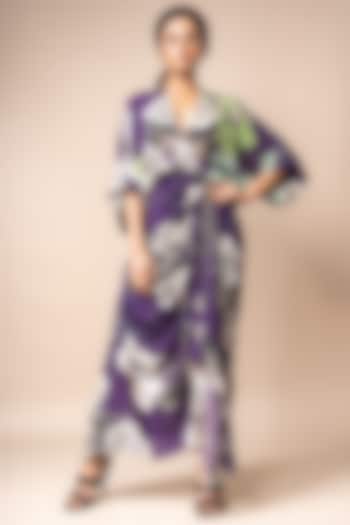 Aubergine Crepe Digital Printed Wrap Dress by Nupur Kanoi