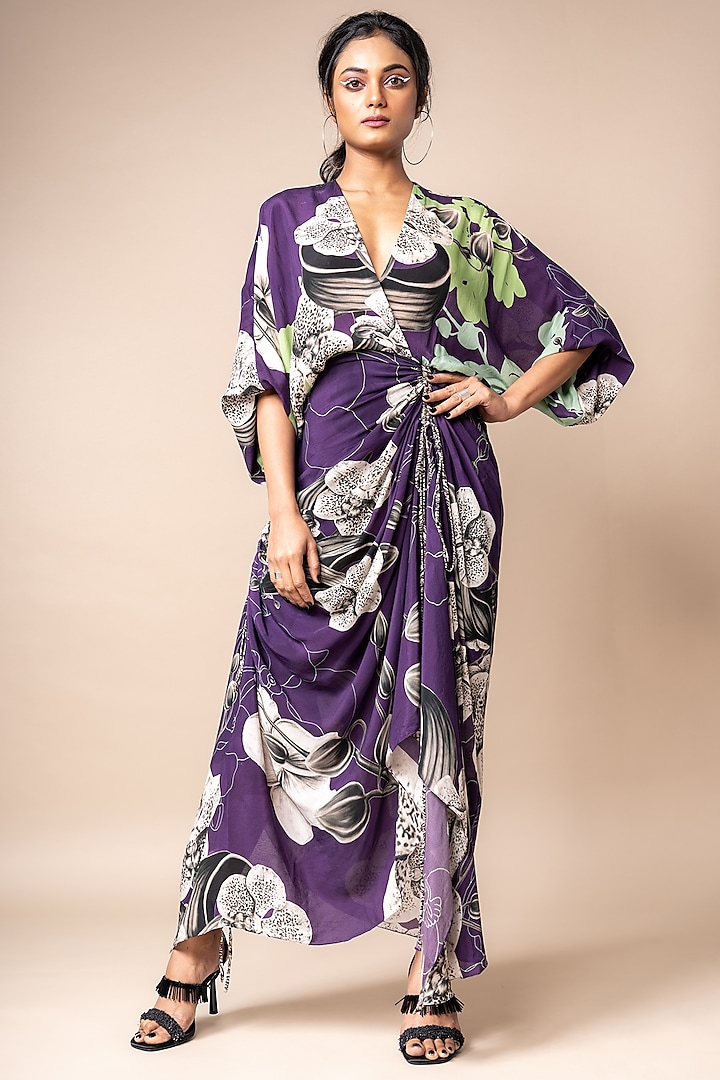 Aubergine Crepe Digital Printed Wrap Dress by Nupur Kanoi at Pernia's Pop Up Shop