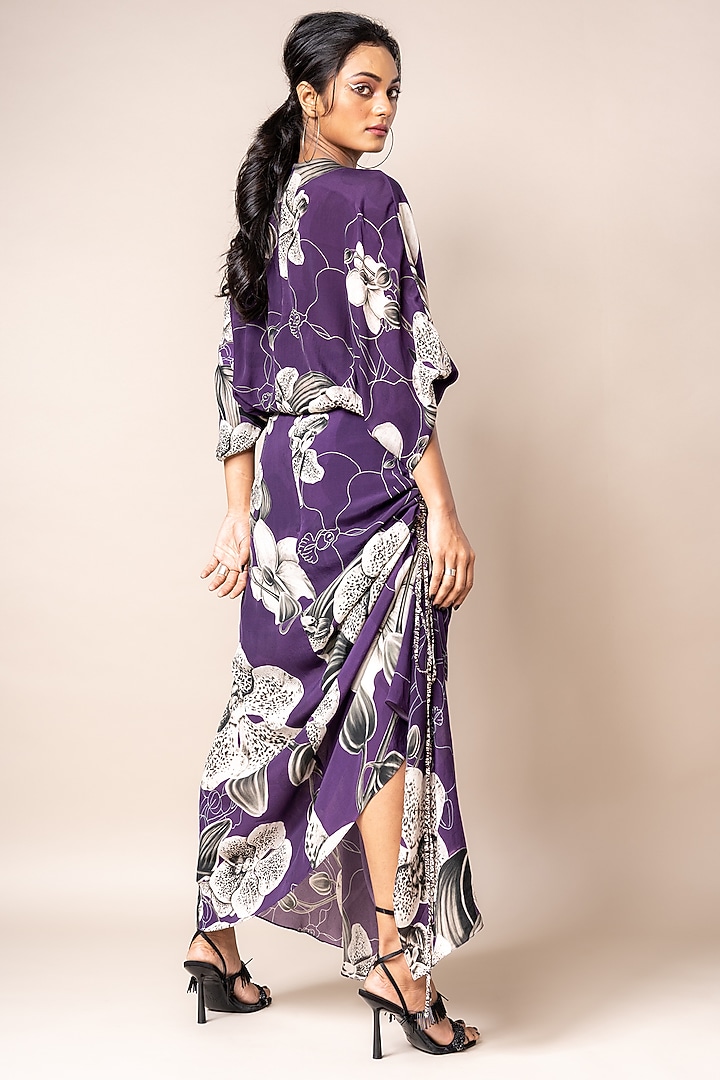 Aubergine Crepe Digital Printed Wrap Vacation Dress by Nupur Kanoi at Pernia's Pop Up Shop