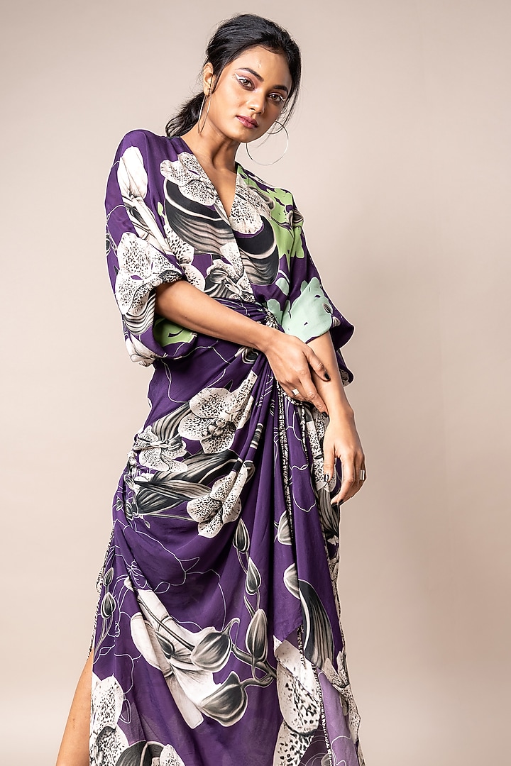 Aubergine Crepe Digital Printed Wrap Vacation Dress by Nupur Kanoi at Pernia's Pop Up Shop