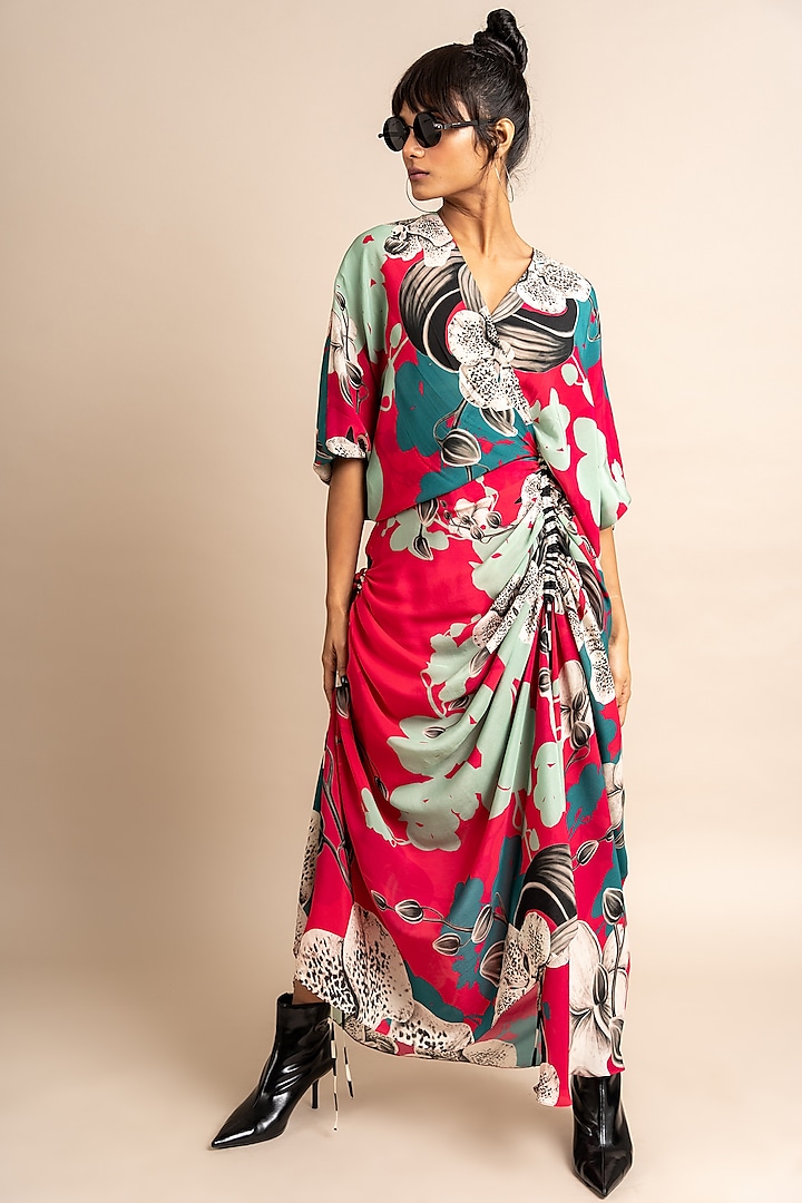 Magenta Crepe Digital Printed Wrap Dress by Nupur Kanoi
