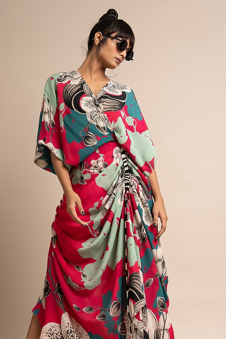Magenta Crepe Digital Printed Wrap Vacation Dress by Nupur Kanoi at Pernia's Pop Up Shop