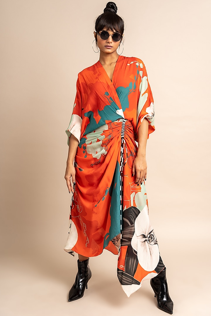 Tangerine Crepe Digital Printed Wrap Dress by Nupur Kanoi