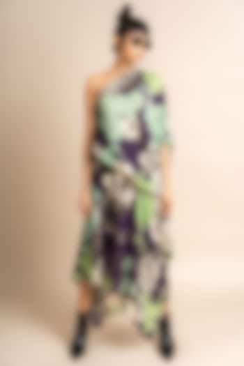 Aubergine Crepe Digital Printed One-Shoulder Dress by Nupur Kanoi