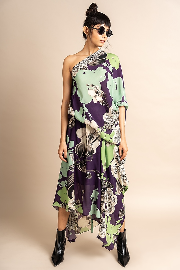 Aubergine Crepe Digital Printed One-Shoulder Dress by Nupur Kanoi at Pernia's Pop Up Shop