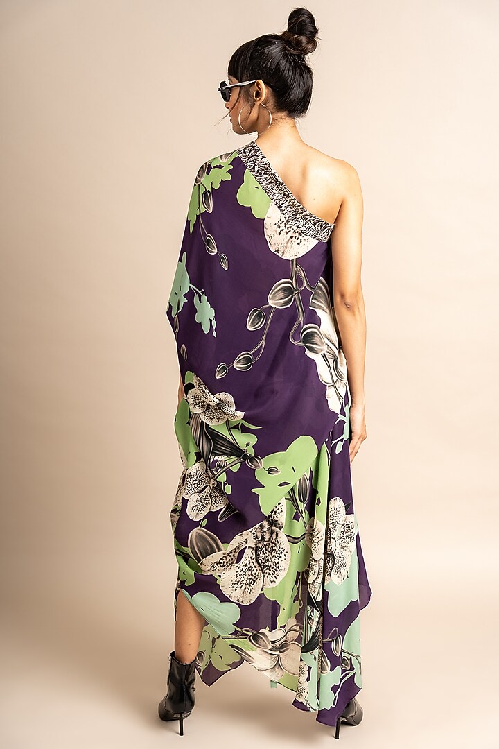 Aubergine Crepe Digital Printed One-Shoulder Vacation Dress by Nupur Kanoi at Pernia's Pop Up Shop