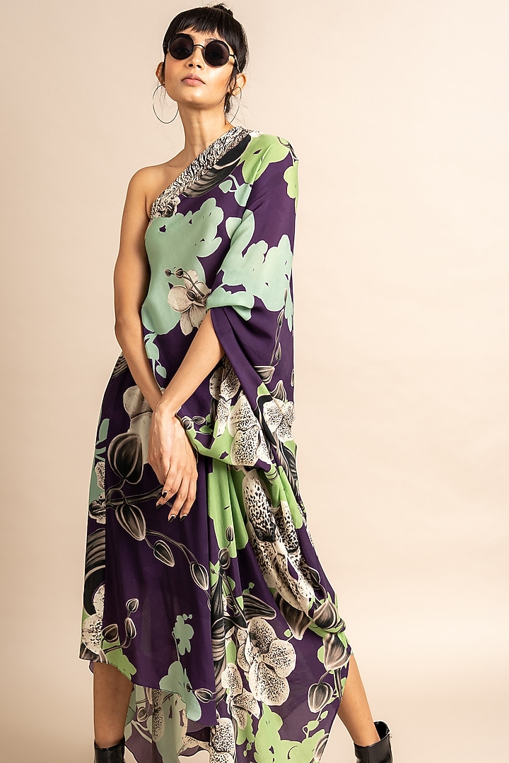 Aubergine Crepe Digital Printed One-Shoulder Vacation Dress by Nupur Kanoi at Pernia's Pop Up Shop