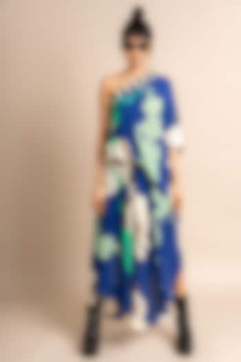 Cobalt Blue Crepe Digital Printed One-Shoulder Dress by Nupur Kanoi