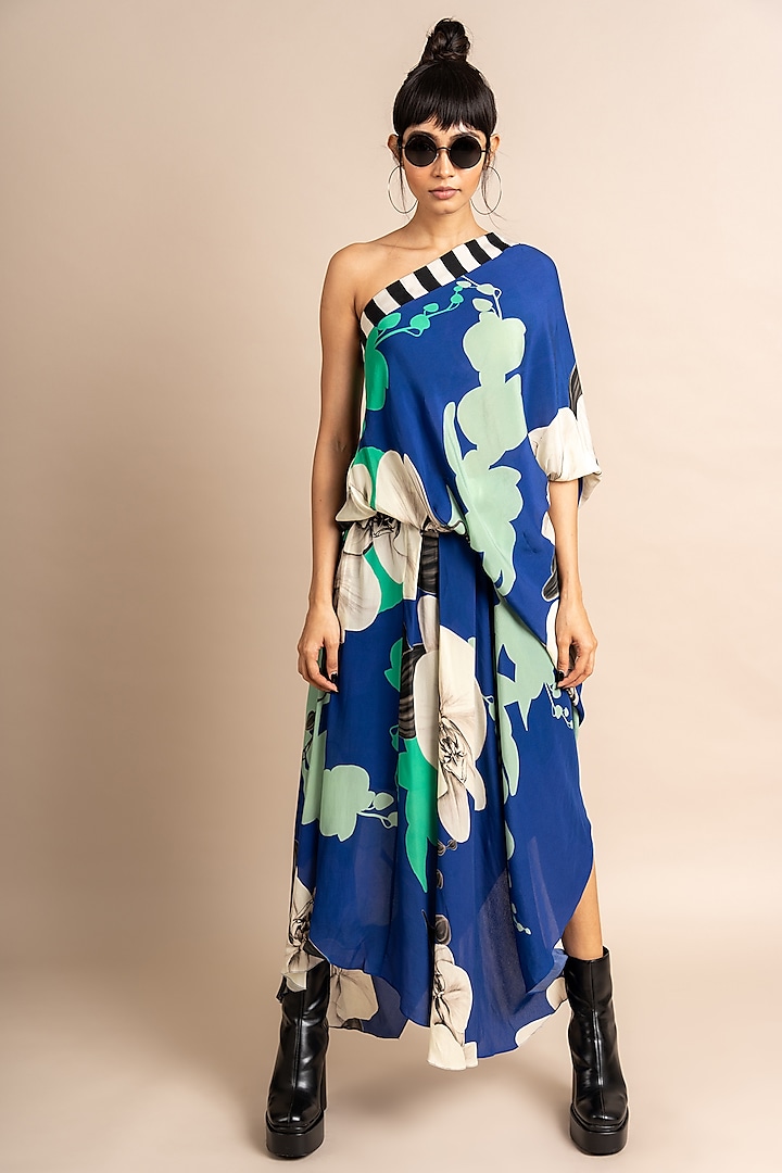 Cobalt Blue Crepe Digital Printed One-Shoulder Dress by Nupur Kanoi