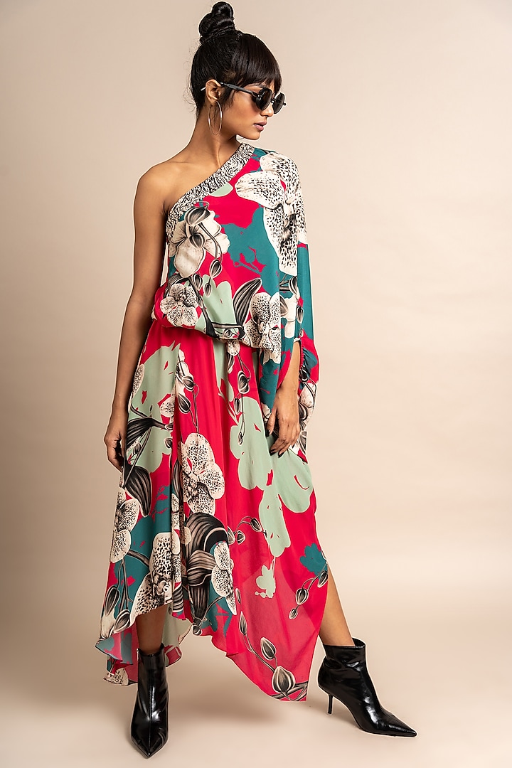 Magenta Crepe Digital Printed One-Shoulder Dress by Nupur Kanoi