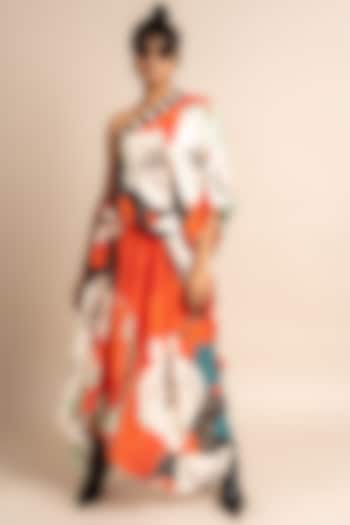 Tangerine Crepe Digital Printed One-Shoulder Dress by Nupur Kanoi