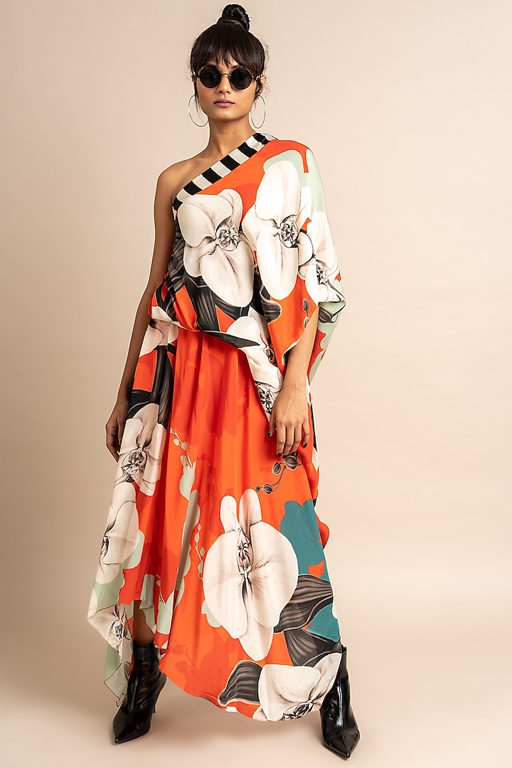 Tangerine Crepe Digital Printed One-Shoulder Dress by Nupur Kanoi