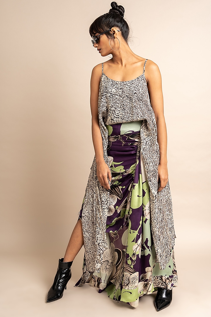 Aubergine Satin Printed Skirt Set by Nupur Kanoi