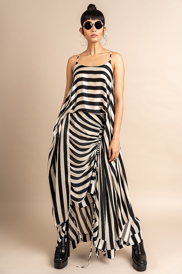 Black & White Satin Striped Printed Skirt Set by Nupur Kanoi