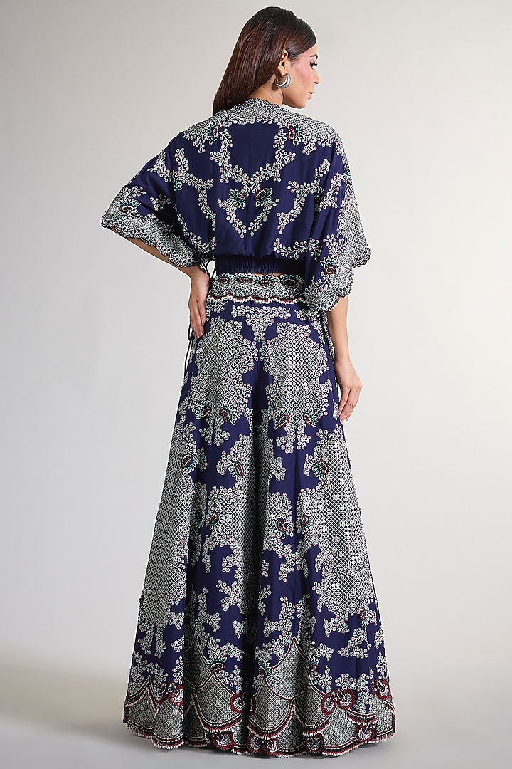 Navy Blue Silk & Crepe Hand Embroidered Pant Set by Nupur Kanoi at Pernia's Pop Up Shop