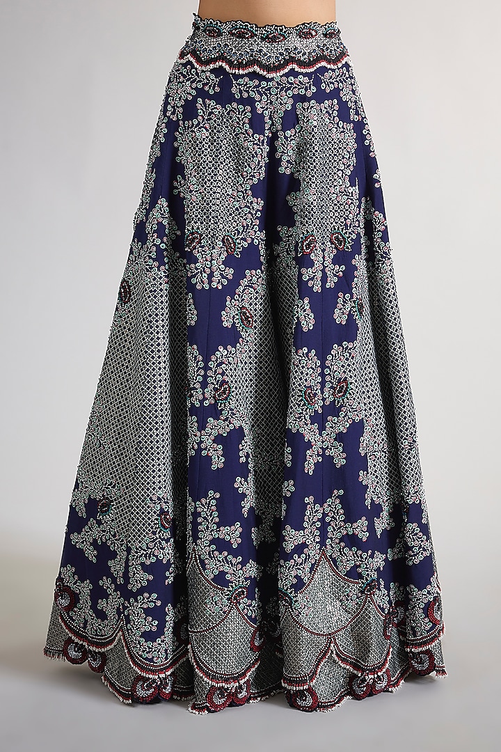 Navy Blue Silk & Crepe Hand Embroidered Pant Set by Nupur Kanoi at Pernia's Pop Up Shop
