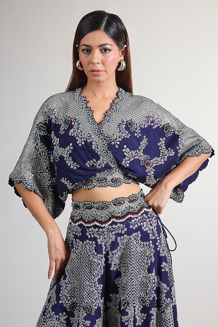 Navy Blue Silk & Crepe Hand Embroidered Pant Set by Nupur Kanoi at Pernia's Pop Up Shop