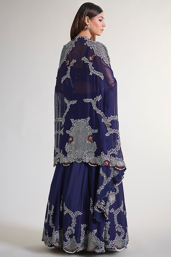 Navy Blue Silk & Crepe Hand Embroidered Jacket Bridal Lehenga Set by Nupur Kanoi at Pernia's Pop Up Shop