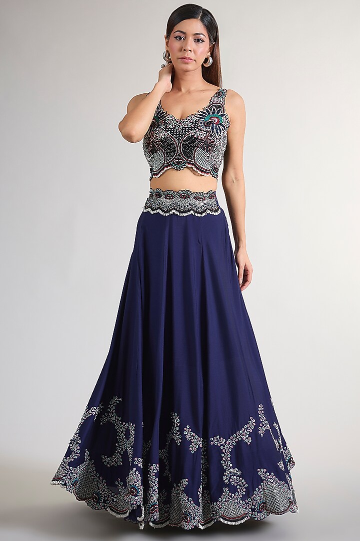 Navy Blue Silk & Crepe Hand Embroidered Jacket Bridal Lehenga Set by Nupur Kanoi at Pernia's Pop Up Shop