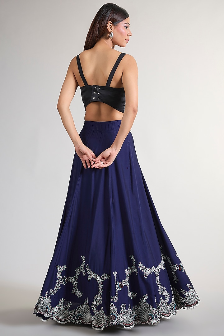 Navy Blue Silk & Crepe Hand Embroidered Jacket Bridal Lehenga Set by Nupur Kanoi at Pernia's Pop Up Shop