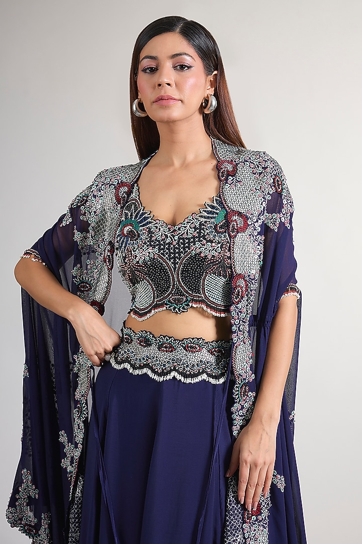 Navy Blue Silk & Crepe Hand Embroidered Jacket Bridal Lehenga Set by Nupur Kanoi at Pernia's Pop Up Shop