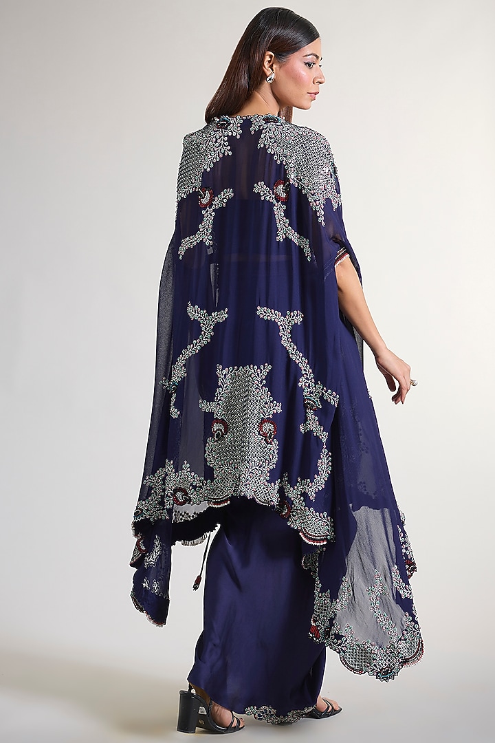 Navy Blue Georgette Hand Embroidered Cape Set by Nupur Kanoi at Pernia's Pop Up Shop