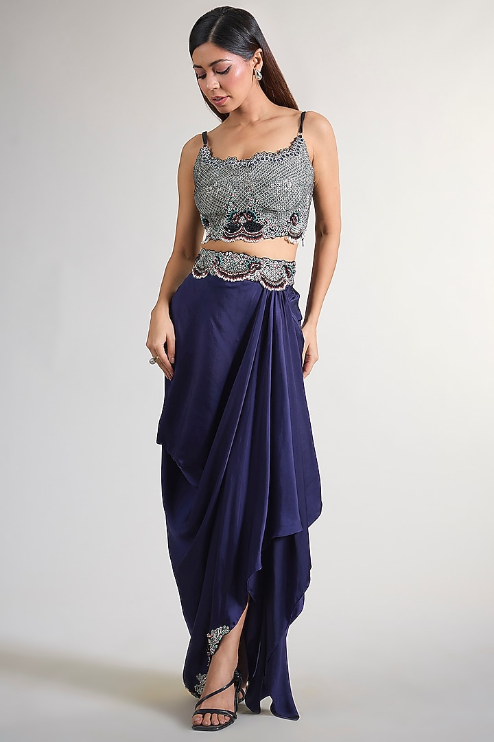 Navy Blue Georgette Hand Embroidered Cape Set by Nupur Kanoi at Pernia's Pop Up Shop
