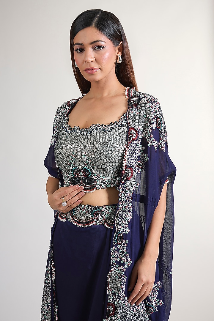 Navy Blue Georgette Hand Embroidered Cape Set by Nupur Kanoi at Pernia's Pop Up Shop