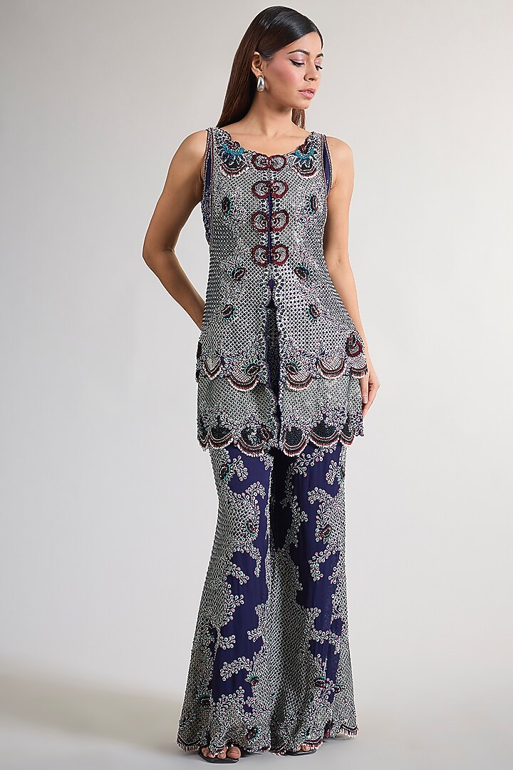 Navy Blue Georgette Hand Embroidered Kurta Set by Nupur Kanoi at Pernia's Pop Up Shop