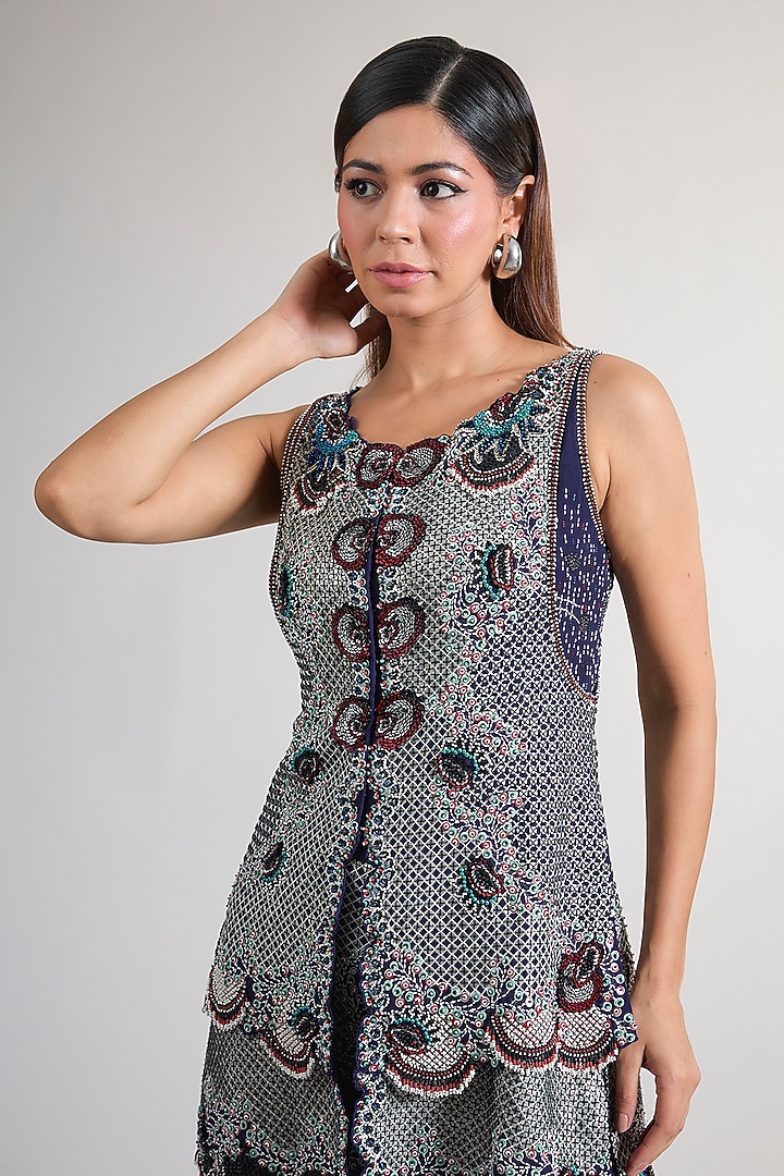 Navy Blue Georgette Hand Embroidered Kurta Set by Nupur Kanoi at Pernia's Pop Up Shop