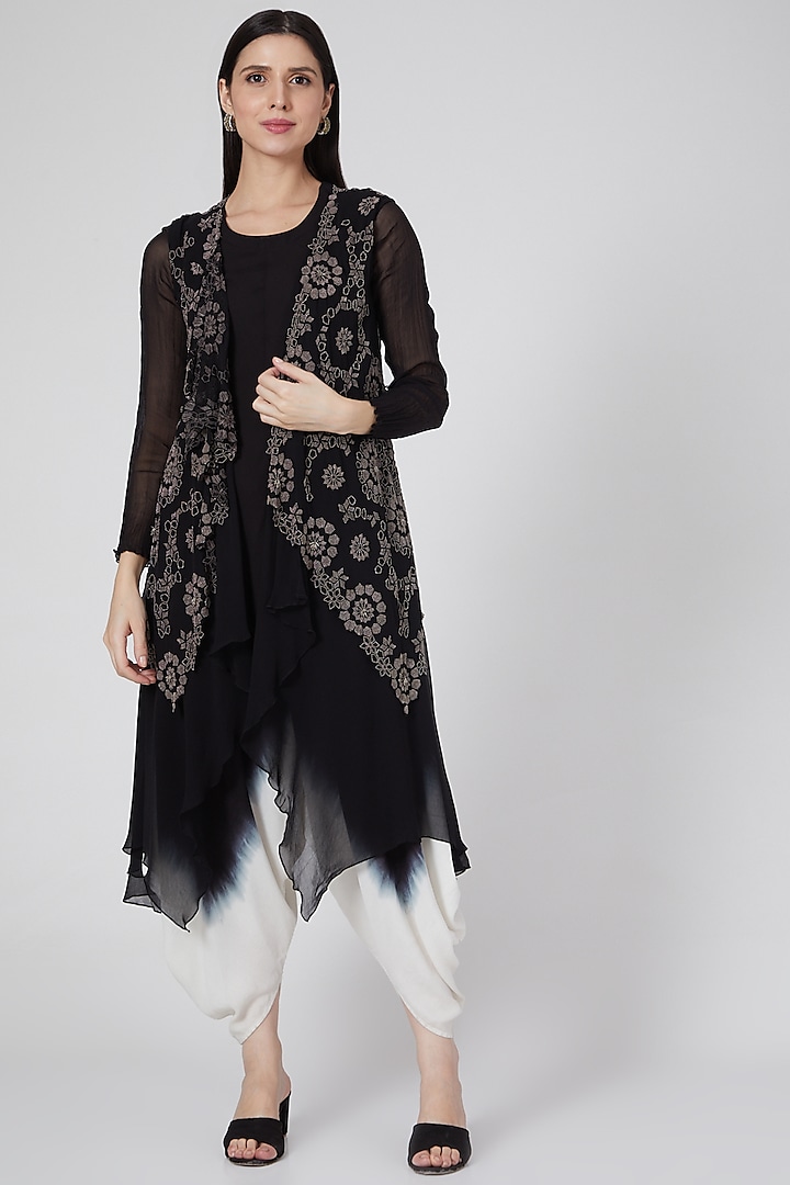 Black Embroidered Jumpsuit With Waistcoat by Nupur Kanoi