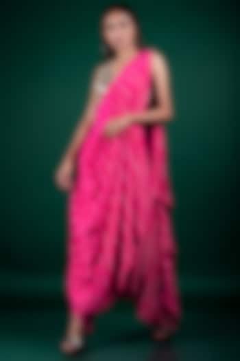 Hot Pink Crepe Bandhani Pre-Draped Cowl Saree Set by Nupur Kanoi