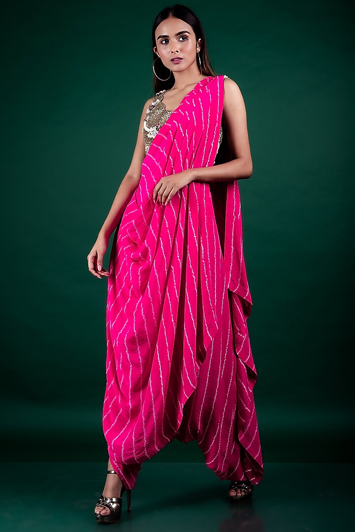 Hot Pink Bandhani Pre-Draped Cowl Saree Set by Nupur Kanoi