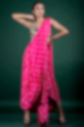Hot Pink Crepe Bandhani & Checkered Pre-Draped Cowl Saree Set by Nupur Kanoi