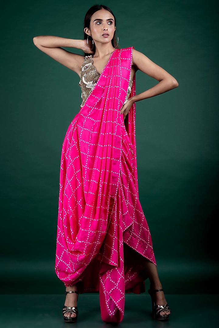 Hot Pink Crepe Bandhani & Checkered Pre-Draped Cowl Saree Set by Nupur Kanoi