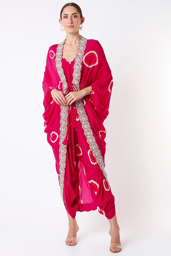 Rani Pink Printed Jumpsuit With Embroidered Cape by Nupur Kanoi