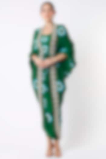 Emerald Green Printed Dress With Embroidered Cape by Nupur Kanoi