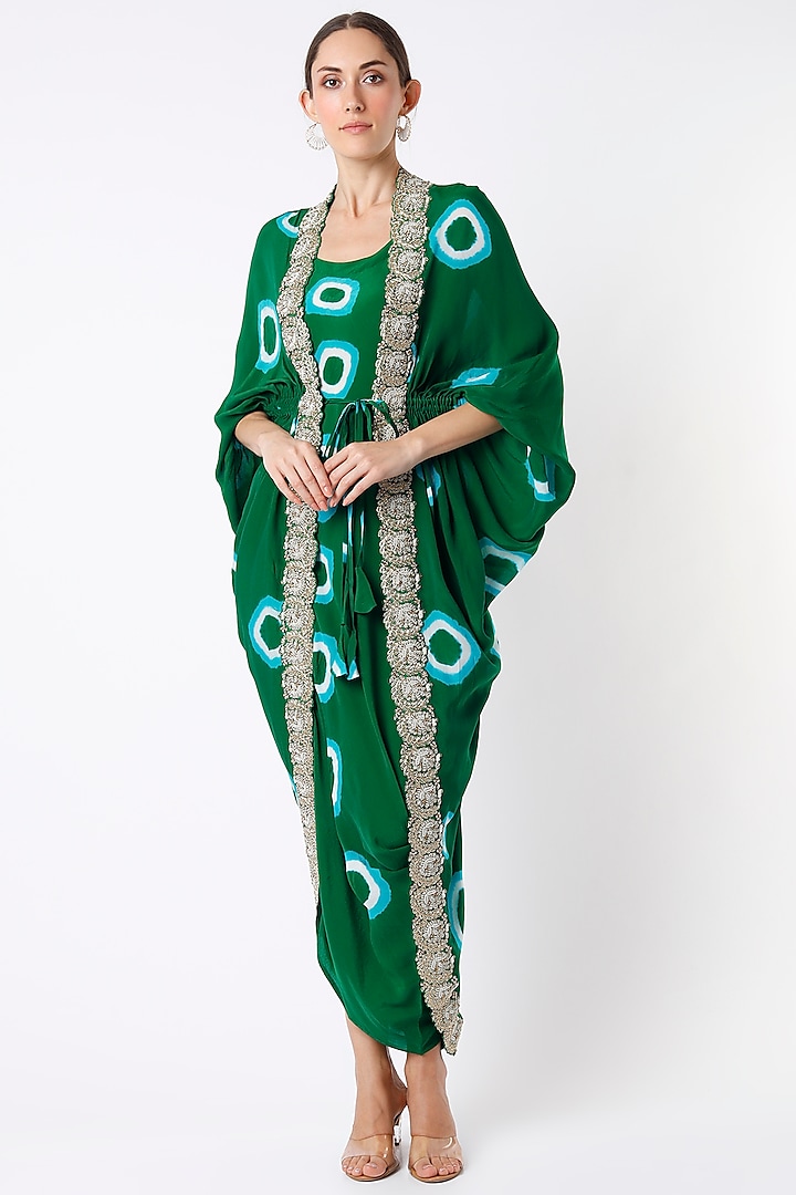 Emerald Green Printed Dress With Embroidered Cape by Nupur Kanoi