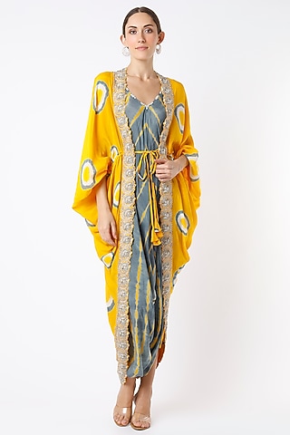 Grey Printed Jumpsuit With Embroidered Cape by Nupur Kanoi