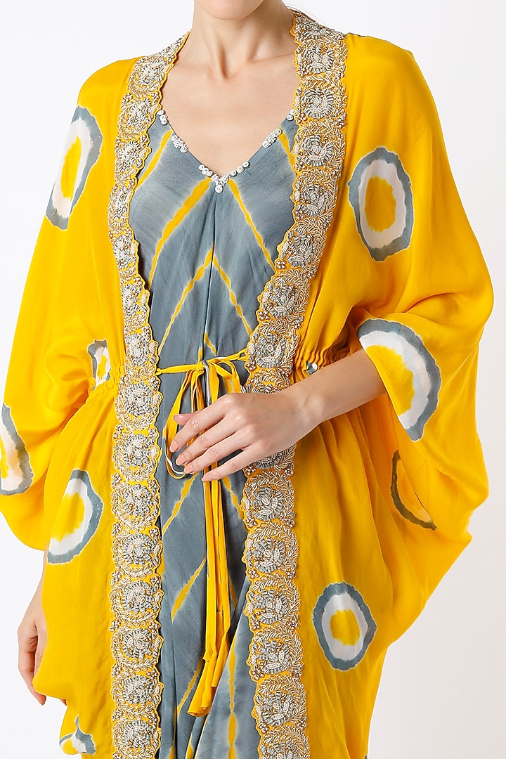 Grey Printed Jumpsuit With Embroidered Cape by Nupur Kanoi at Pernia's Pop Up Shop