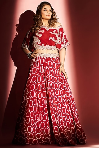 Burgundy Tie-Dye Lehenga Set by Nupur Kanoi