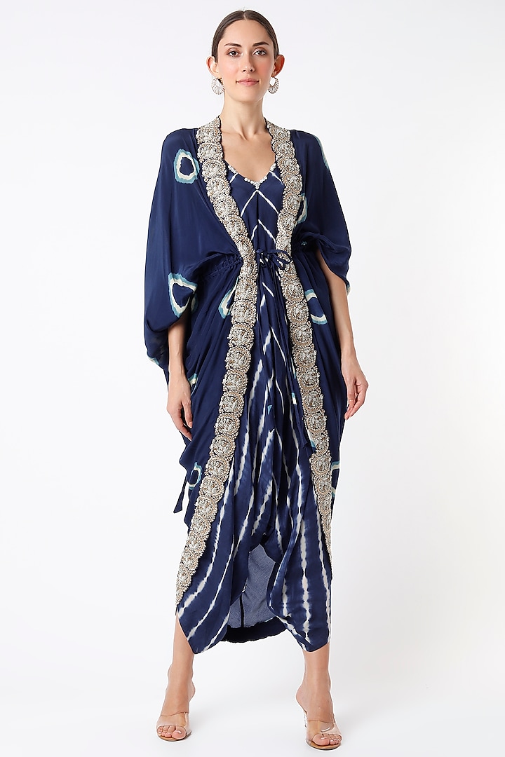 Navy Blue Printed Jumpsuit With Embroidered Cape by Nupur Kanoi