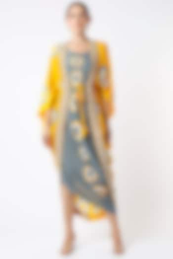 Grey Printed Dress With Embroidered Cape by Nupur Kanoi