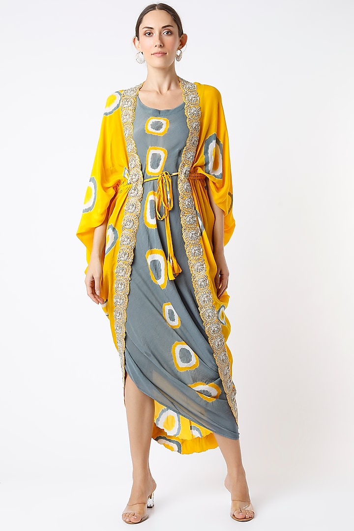 Grey Printed Dress With Embroidered Cape by Nupur Kanoi