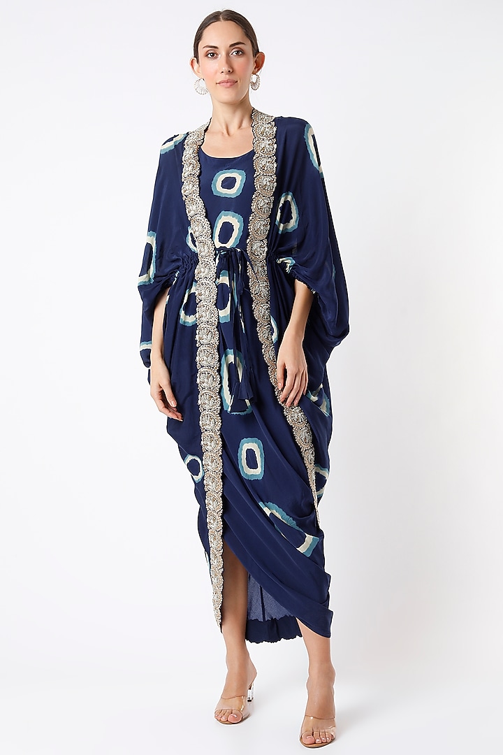 Navy Blue Bemberg Crepe Polka Dot Printed & Sequins Embroidered Jacket Cocktail Dress by Nupur Kanoi at Pernia's Pop Up Shop