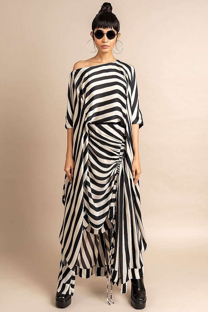 Black & White Satin Striped Skirt Set by Nupur Kanoi