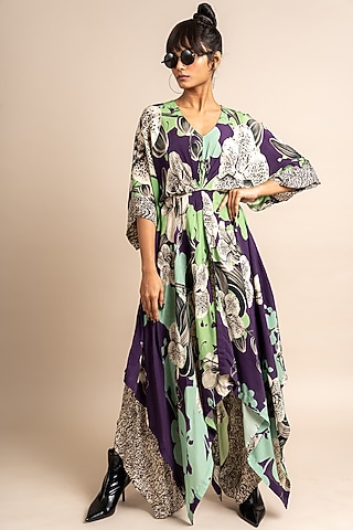 Aubergine Crepe Digital Printed Kaftan Set by Nupur Kanoi