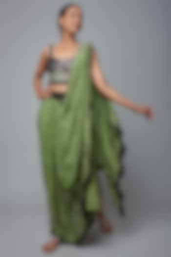 Jade Crepe Peacock Printed Pre-Draped Saree Set by Nupur Kanoi at Pernia's Pop Up Shop