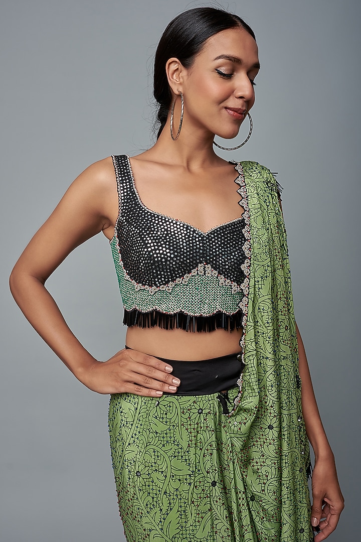 Jade Crepe Peacock Printed Pre-Draped Reception Saree Set by Nupur Kanoi at Pernia's Pop Up Shop